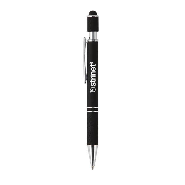 Plunger-action ballpoint pen with stylus, spinning top, chrome ferrule and pocket... from ASI 52840 Evans Manufacturing