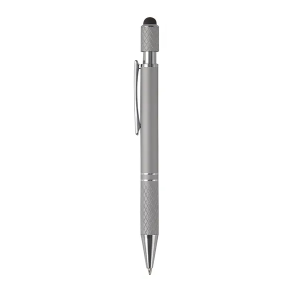 Plunger-action ballpoint pen with stylus, spinning top, chrome ferrule and pocket... from ASI 52840 Evans Manufacturing