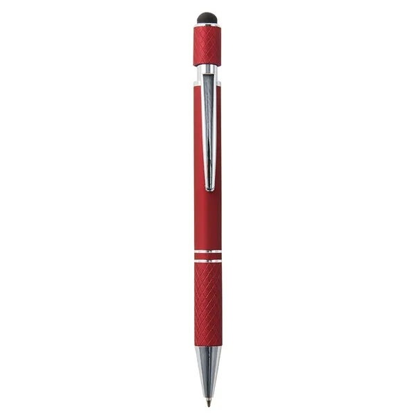 Plunger-action ballpoint pen with stylus, spinning top, chrome ferrule and pocket... from ASI 52840 Evans Manufacturing