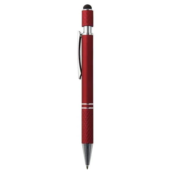 Plunger-action ballpoint pen with stylus, spinning top, chrome ferrule and pocket... from ASI 52840 Evans Manufacturing