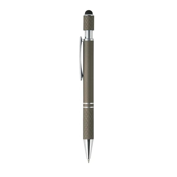 Plunger-action ballpoint pen with stylus, spinning top, chrome ferrule and pocket... from ASI 52840 Evans Manufacturing
