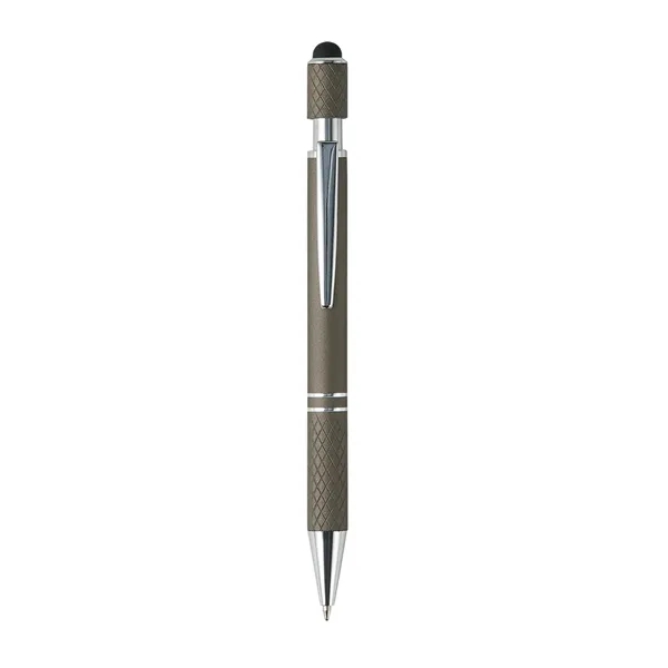 Plunger-action ballpoint pen with stylus, spinning top, chrome ferrule and pocket... from ASI 52840 Evans Manufacturing