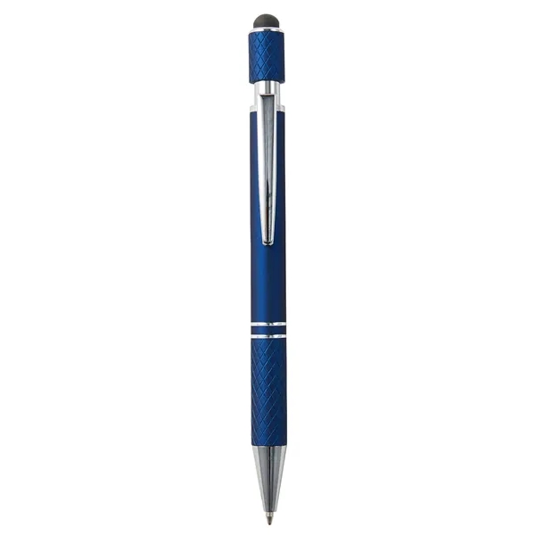 Plunger-action ballpoint pen with stylus, spinning top, chrome ferrule and pocket... from ASI 52840 Evans Manufacturing