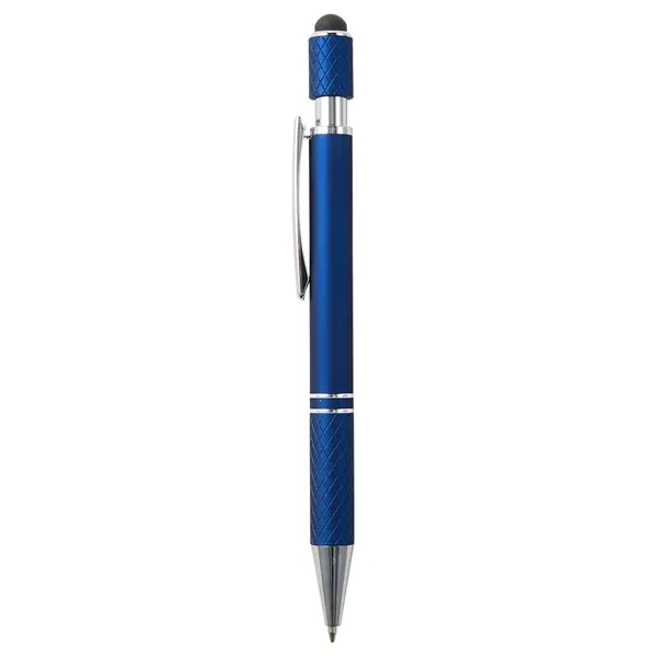 Plunger-action ballpoint pen with stylus, spinning top, chrome ferrule and pocket... from ASI 52840 Evans Manufacturing