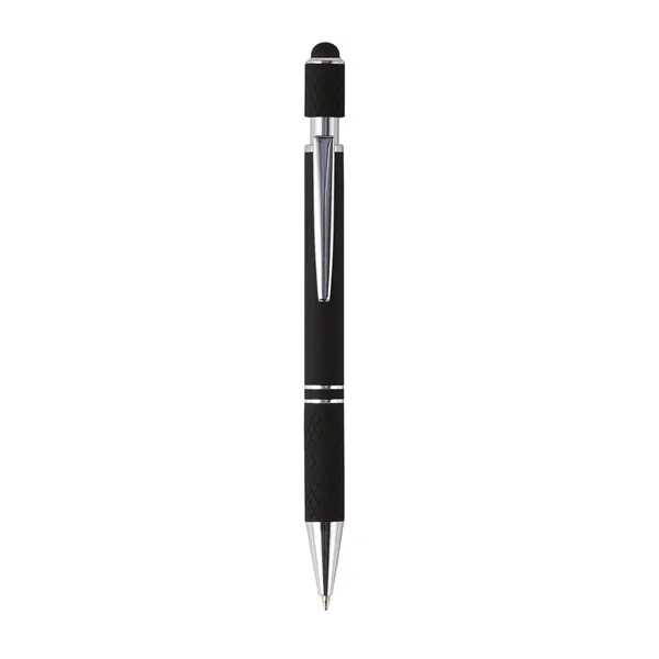 Plunger-action ballpoint pen with stylus, spinning top, chrome ferrule and pocket... from ASI 52840 Evans Manufacturing