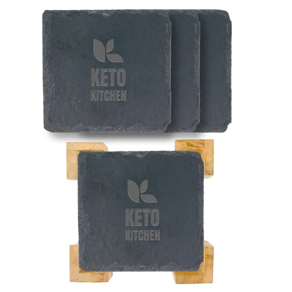 Handcrafted Black Square Slate Coasters in Bamboo Stand.... from ASI 61966 HPG / Beacon Promotions