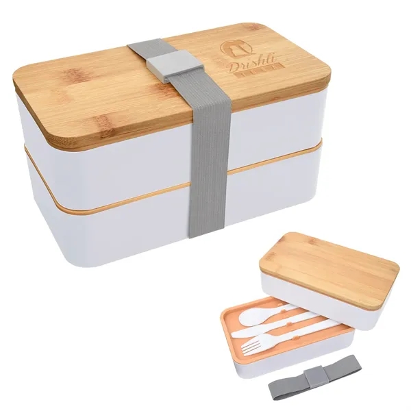 Double-tier stackable bento lunch set with a plastic fork, knife, and... from ASI 61125 Hit Promotional Products / Hit®