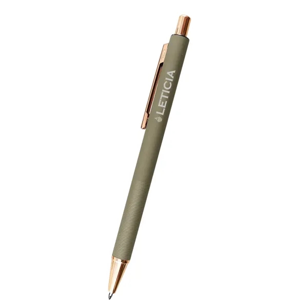 5.5" aluminum Harlow plunger-action pen with rose gold accents and pocket... from ASI 61125 Hit Promotional Products / Hit®