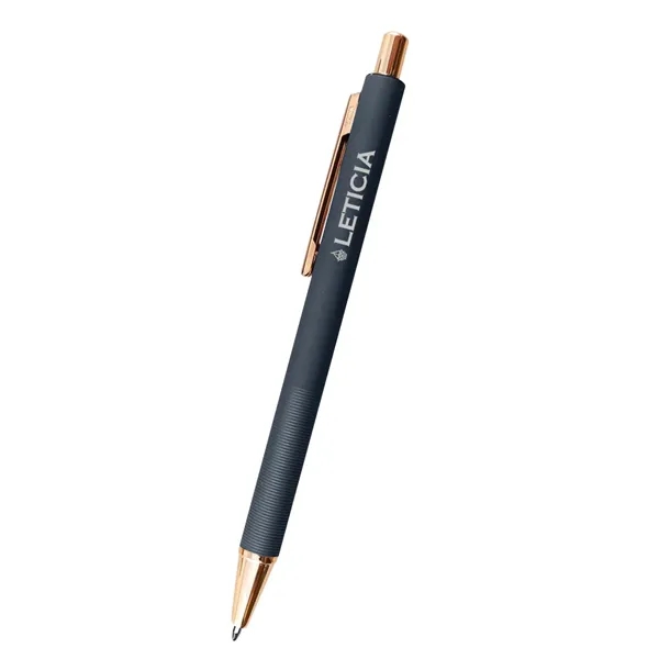 5.5" aluminum Harlow plunger-action pen with rose gold accents and pocket... from ASI 61125 Hit Promotional Products / Hit®