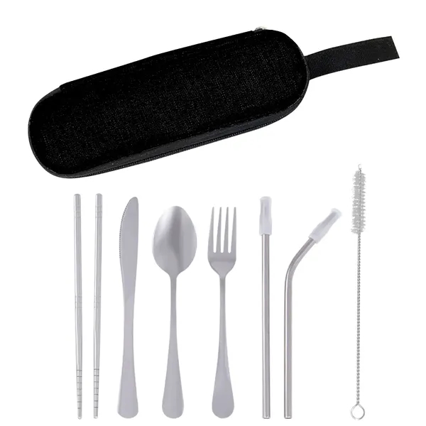 Stainless steel cutlery with chopsticks, fork, knife, spoon, and two straws... from ASI 61125 Hit Promotional Products / Hit®