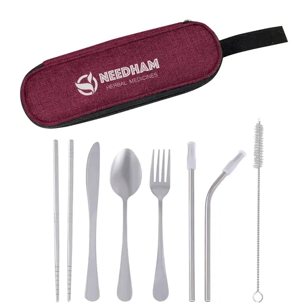Stainless steel cutlery with chopsticks, fork, knife, spoon, and two straws... from ASI 61125 Hit Promotional Products / Hit®