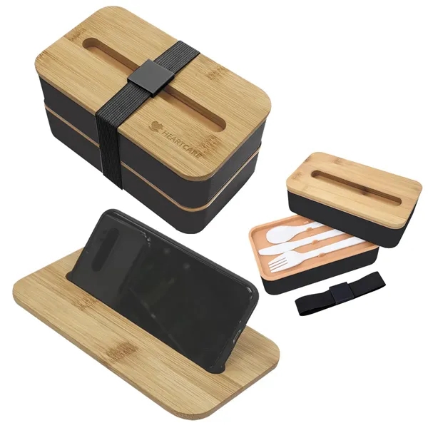 Stackable two-tier Bento Box with removable divider and bamboo wood lid... from ASI 61125 Hit Promotional Products