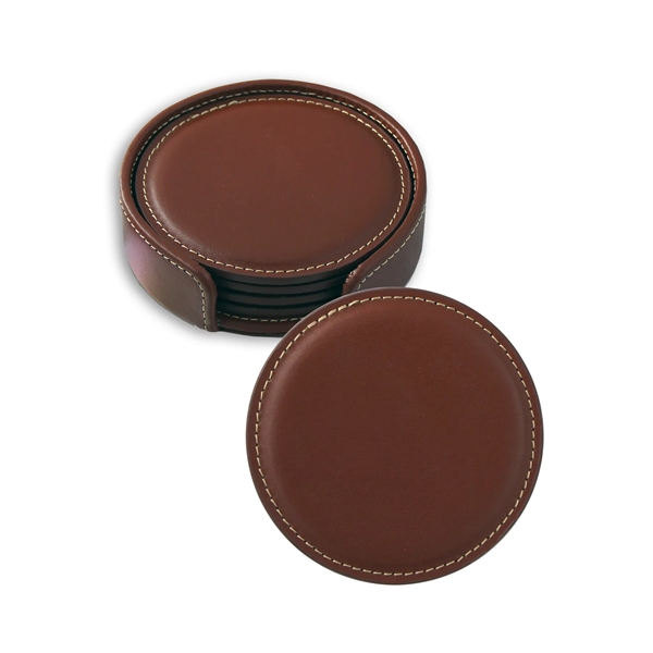 Four 3.87" Diameter round coasters that are made of leather with... from ASI 54040 Fey Promo / Mi Line by Fey