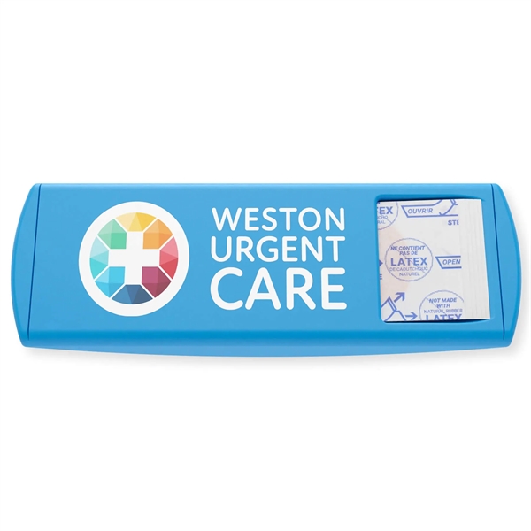 Full color USA made imprinted bandage dispenser with five bandages inside.... from ASI 54040 Fey Promo