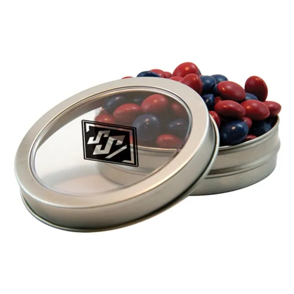 Round tin with candy filling.... from ASI 61125 Hit Promotional Products