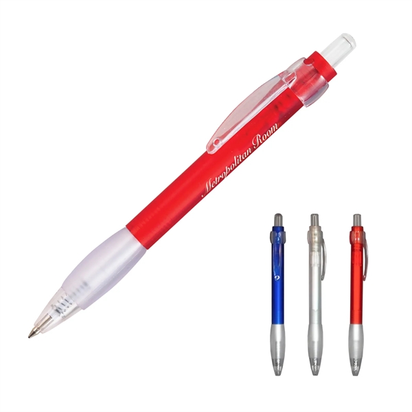 Cardinal plunger-action plastic ballpoint pen with rubber grip and pocket clip.... from ASI 63549 Jornik Manufacturing Corp / Jornik