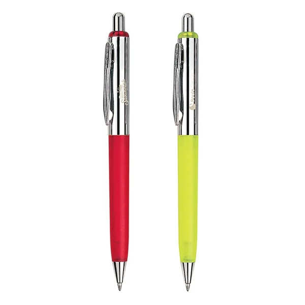 Ballpoint pen with translucent plastic barrel, plunger action mechanism and brass... from ASI 67866 Logomark/Valumark