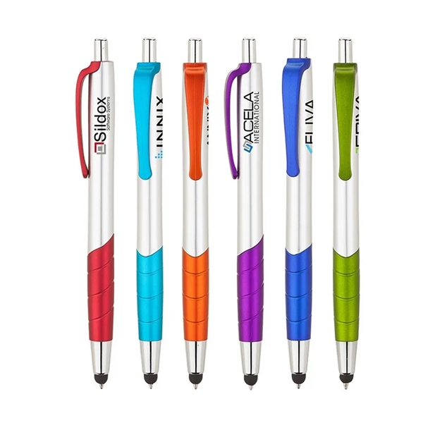 Plunger action ballpoint pen with clip and grip with color accents,... from ASI 67866 Logomark/Valumark / Valumark™