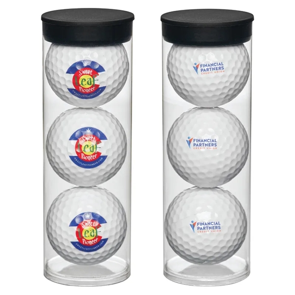 Clear plastic tube filled with 3 imprinted golf balls.... from ASI 57655 STOPNGO Line
