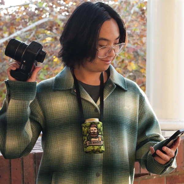 USA-made hands-free can cooler with full-color imprint keeps drinks cold and... from ASI 61966 HPG / Best Promotions USA