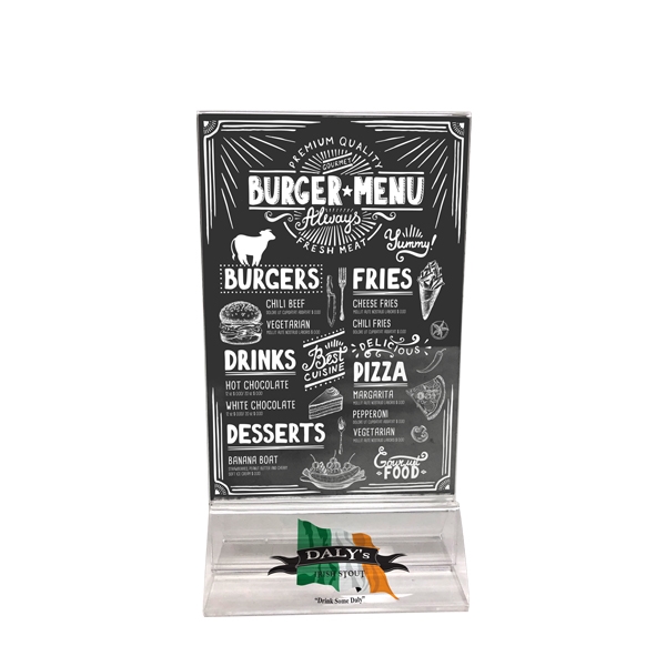 4"W x 6"H table tent made of clear acrylic with a... from ASI 62677 iline PROMO (The Innovative Line)