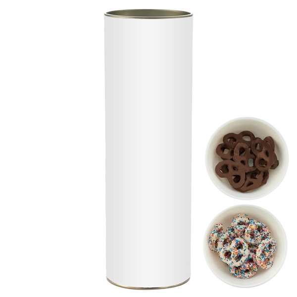 8 inch Gift Tube with Chocolate Pretzels - White Chocolate Pretzels... from ASI 71685 Midnite Snax®