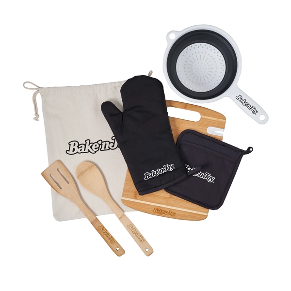 Kitchen set contains collapsible silicone strainer, pot holder, oven mitt, cutting... from ASI 52840 Evans Manufacturing