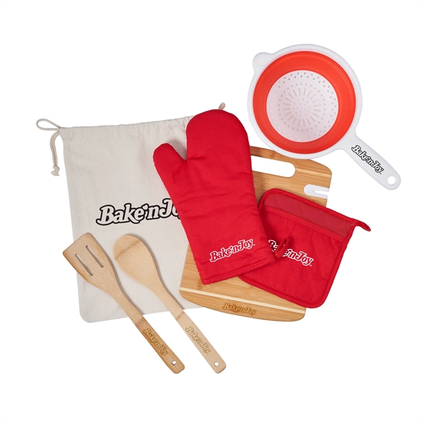 Kitchen set contains collapsible silicone strainer, pot holder, oven mitt, cutting... from ASI 52840 Evans Manufacturing