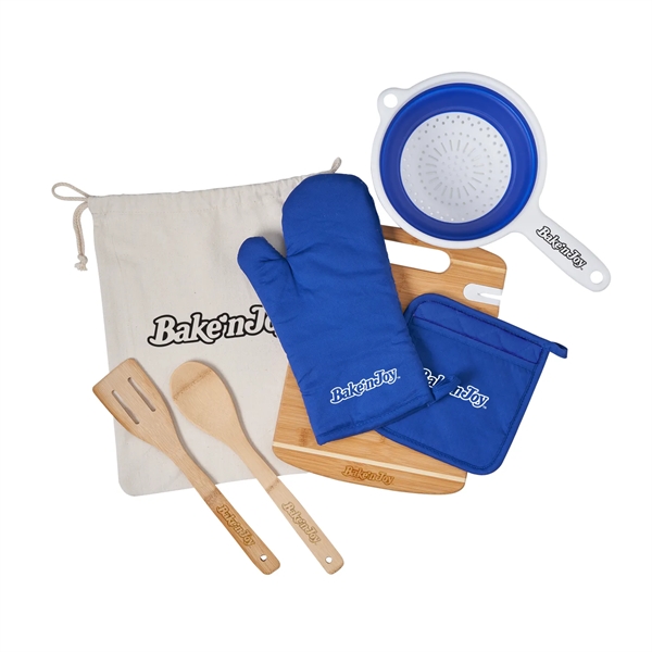 Kitchen set contains collapsible silicone strainer, pot holder, oven mitt, cutting... from ASI 52840 Evans Manufacturing