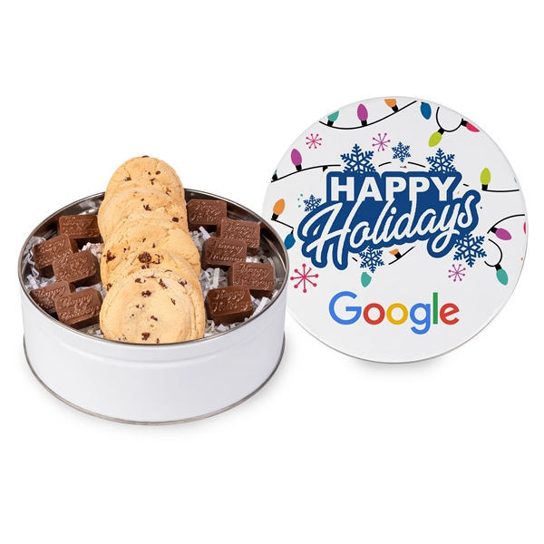 Tin with chocolate chip cookies and molded chocolate... from ASI 44900 NC Custom (CI/Lanco) / Fresh Beginnings