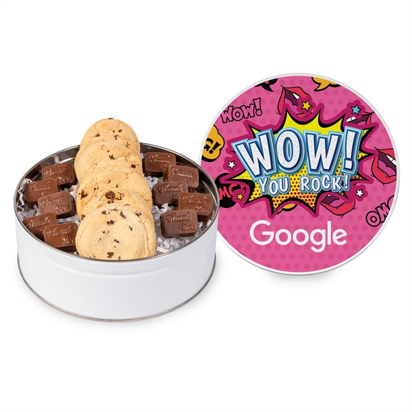 Tin with chocolate chip cookies and molded chocolate... from ASI 44900 NC Custom (CI/Lanco) / Fresh Beginnings