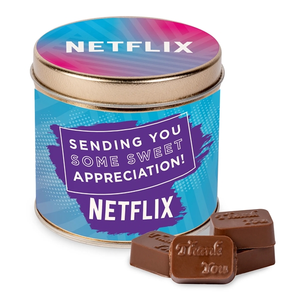 Round Tin with Molded Chocolates... from ASI 44900 NC Custom (CI/Lanco) / Chocolate Inn