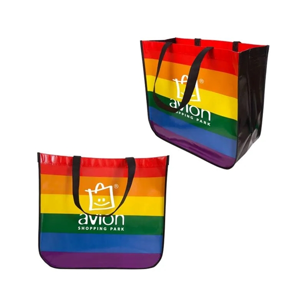 Large Rainbow Laminated Tote Bag plus 1 color silkscreen imprint on... from ASI 37218 Athena Promo (tm)