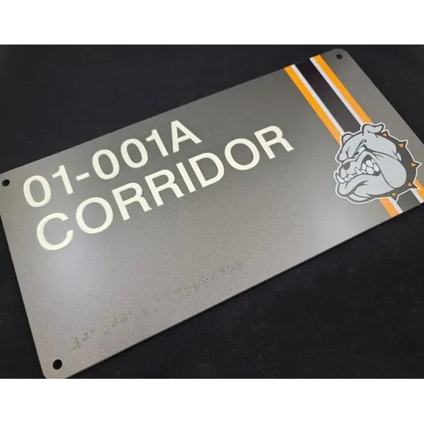 Customizable, ADA-compliant sign with window and Grade 2 braille, colored lettering... from ASI 92531 Unique Custom Products / UCP