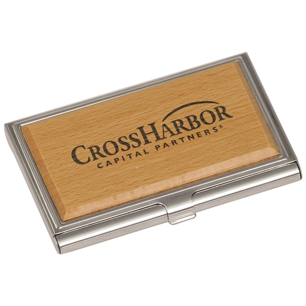 3.75" x 2.5" x 0.5" beechwood and steel business card holder.... from ASI 92531 Unique Custom Products / UCP
