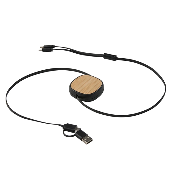 3--in-1 retractable cable with bamboo accent that's compatible with Lightning, Micro... from ASI 52840 Evans Manufacturing