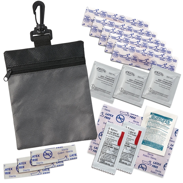 First aid kit packaged in RPET pouch with clip contains latex... from ASI 52840 Evans Manufacturing