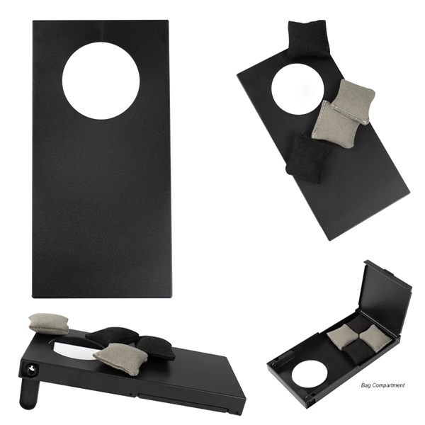 Mini cornhole game with a game board, folding stand, 2 black... from ASI 61125 Hit Promotional Products / Hit®