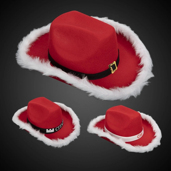 Santa cowboy hat with faux white lining, buckle accent and hatband.... from ASI 42016 Brighter Promotions Inc