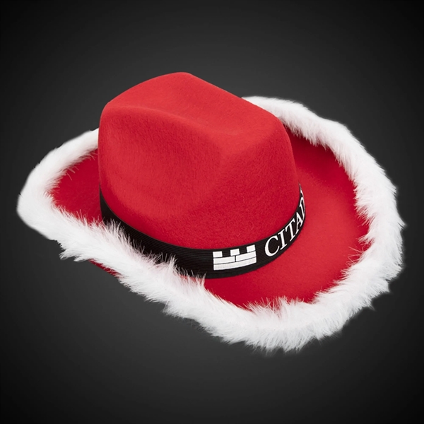 Santa cowboy hat with faux white lining, buckle accent and hatband.... from ASI 42016 Brighter Promotions Inc