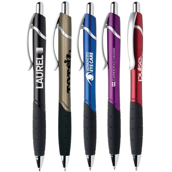 Ballpoint pen with textured rubber grip, contoured shaped and brushed silver... from ASI 61966 HPG / Hub Pen