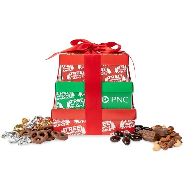 Box tower with molded milk chocolates, deluxe mixed nuts, dark chocolate... from ASI 44900 NC Custom (CI/Lanco) / Chocolate Inn