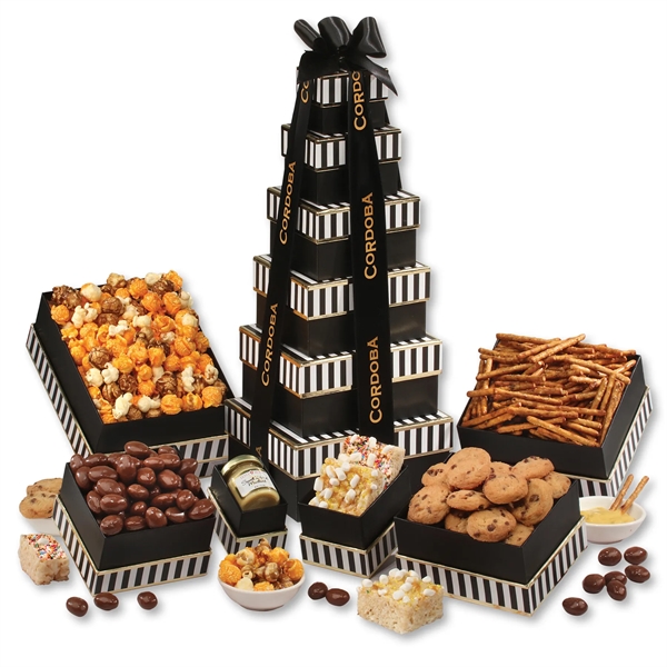 Black & white tower filled with chocolates, cookies, and other treats.... from ASI 68680 Maple Ridge Farms Inc