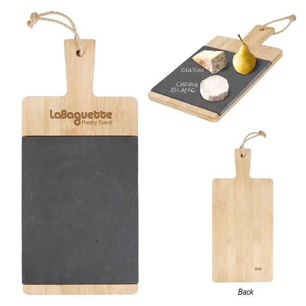 Lightweight bamboo and slate charcuterie cutting board measuring 6" x 13".... from ASI 61125 Hit Promotional Products / Hit®