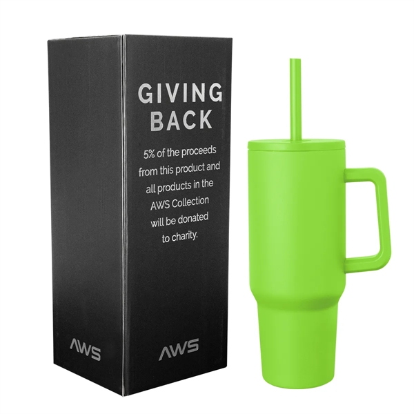 40-ounce tumbler with a handle, double-wall construction, screw-on lid, straw hole... from ASI 61125 Hit Promotional Products