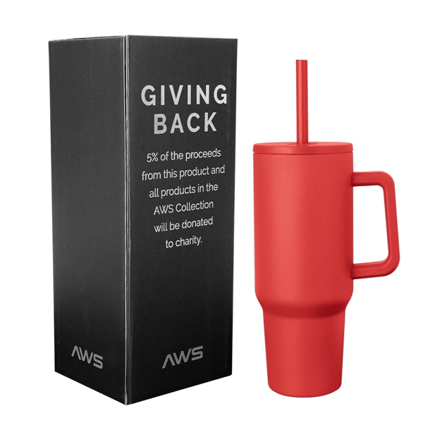 40-ounce tumbler with a handle, double-wall construction, screw-on lid, straw hole... from ASI 61125 Hit Promotional Products