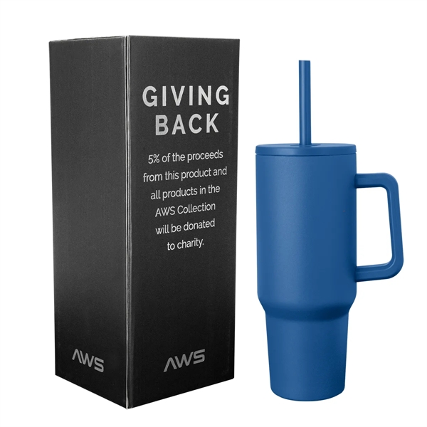 40-ounce tumbler with a handle, double-wall construction, screw-on lid, straw hole... from ASI 61125 Hit Promotional Products