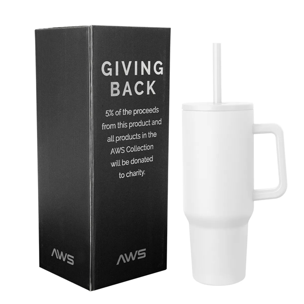 40-ounce tumbler with a handle, double-wall construction, screw-on lid, straw hole... from ASI 61125 Hit Promotional Products