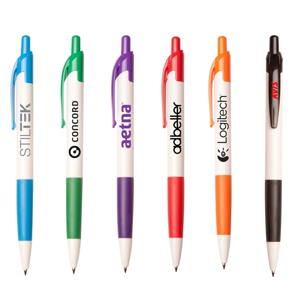 Click-action Elaine pen with a white body and matching color grips.... from ASI 90859 Tempo Industries Inc / Tempoline