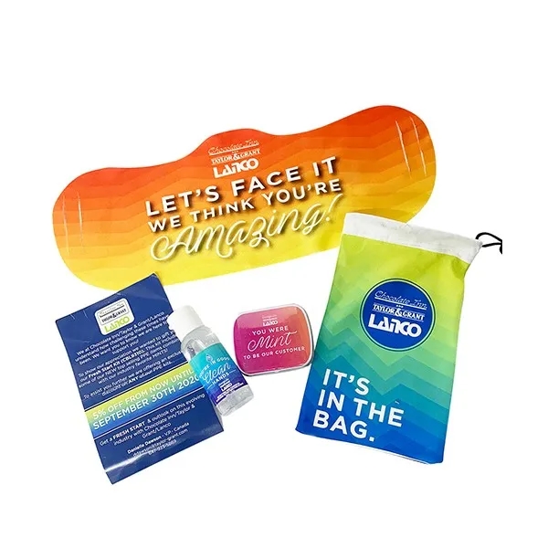 Microfiber pouch with mask, mint tin, sanitizer and custom card... from ASI 44900 NC Custom (CI/Lanco) / Lanco